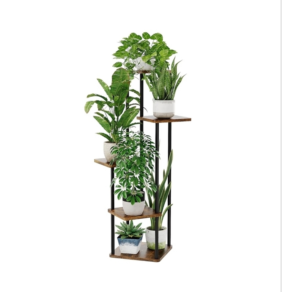 5 Tier Plant Stand Indoor Metal Wood Corner Shelf for Plants Tall, Rustic Brown